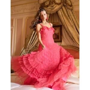 $895 NWT LoveShackFancy Passion Pink Ruffle Sharelle Tulle Lace Gown Size 2